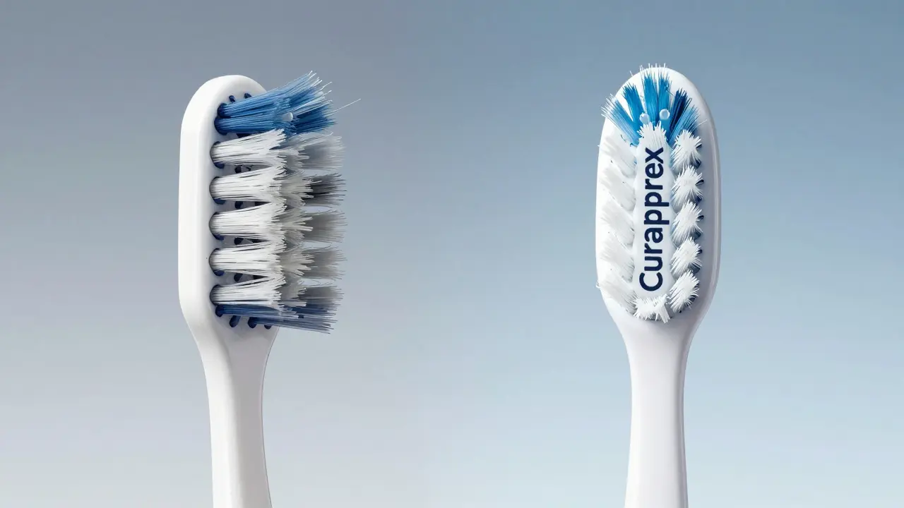 Porovnání opotřebovaného běžného kartáčku a celistvého Curaproxu s odolnými štětinami.