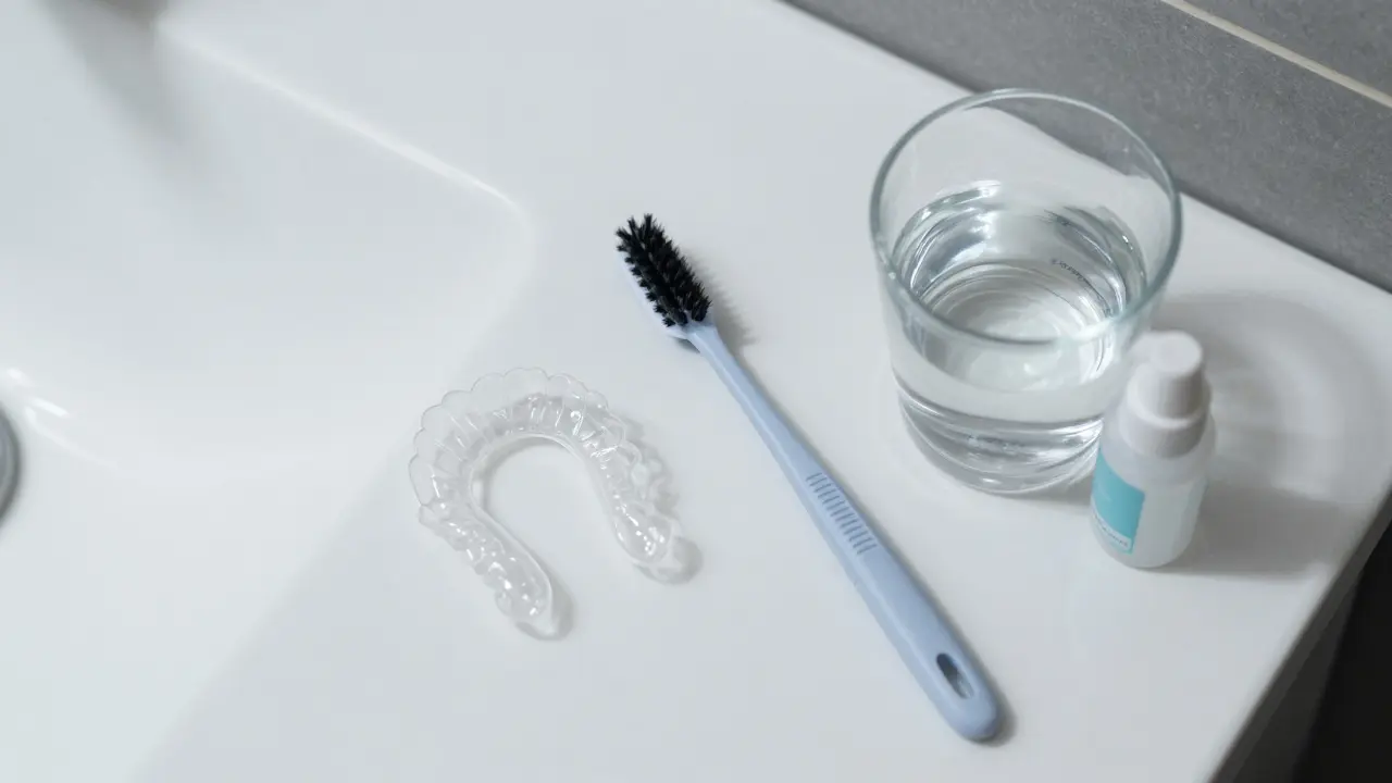 Předměty pro čištění ortodontické pomůcky na umyvadle.
