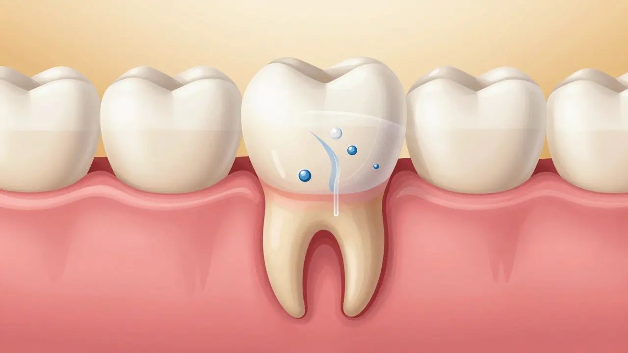 Přehled zubního kořene a dásně s přehledem chemického procesu bělení.