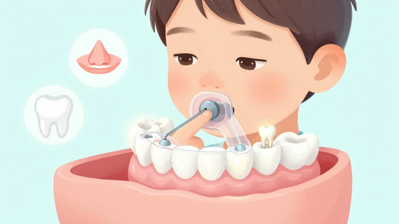 Průřez horní čelistí dítěte s rozšiřovacím zařízením a symboly správného vývoje zubů.