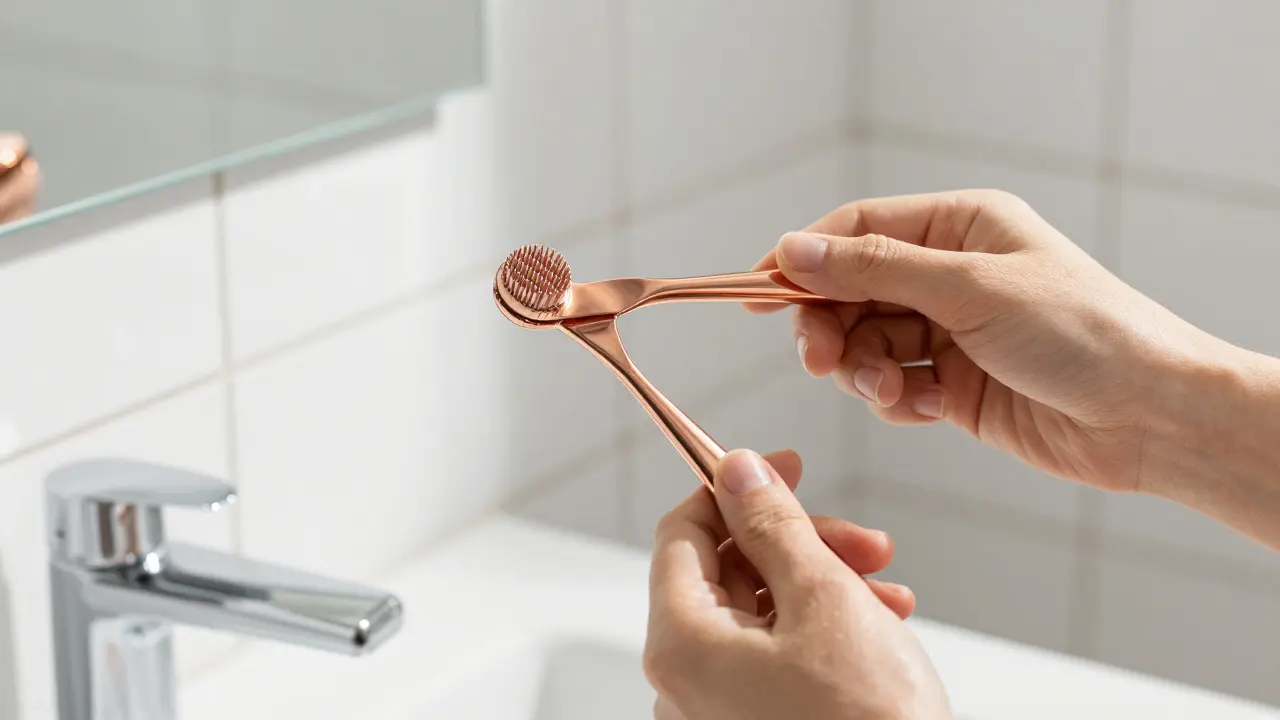 Ruka drží kovovou stěračku na čištění jazyka v koupelně.