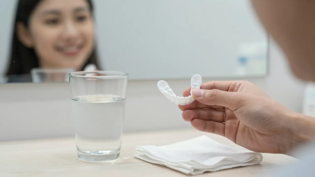 Ruka opatrně vkládá náhradní zuby zpět do úst po pádu.