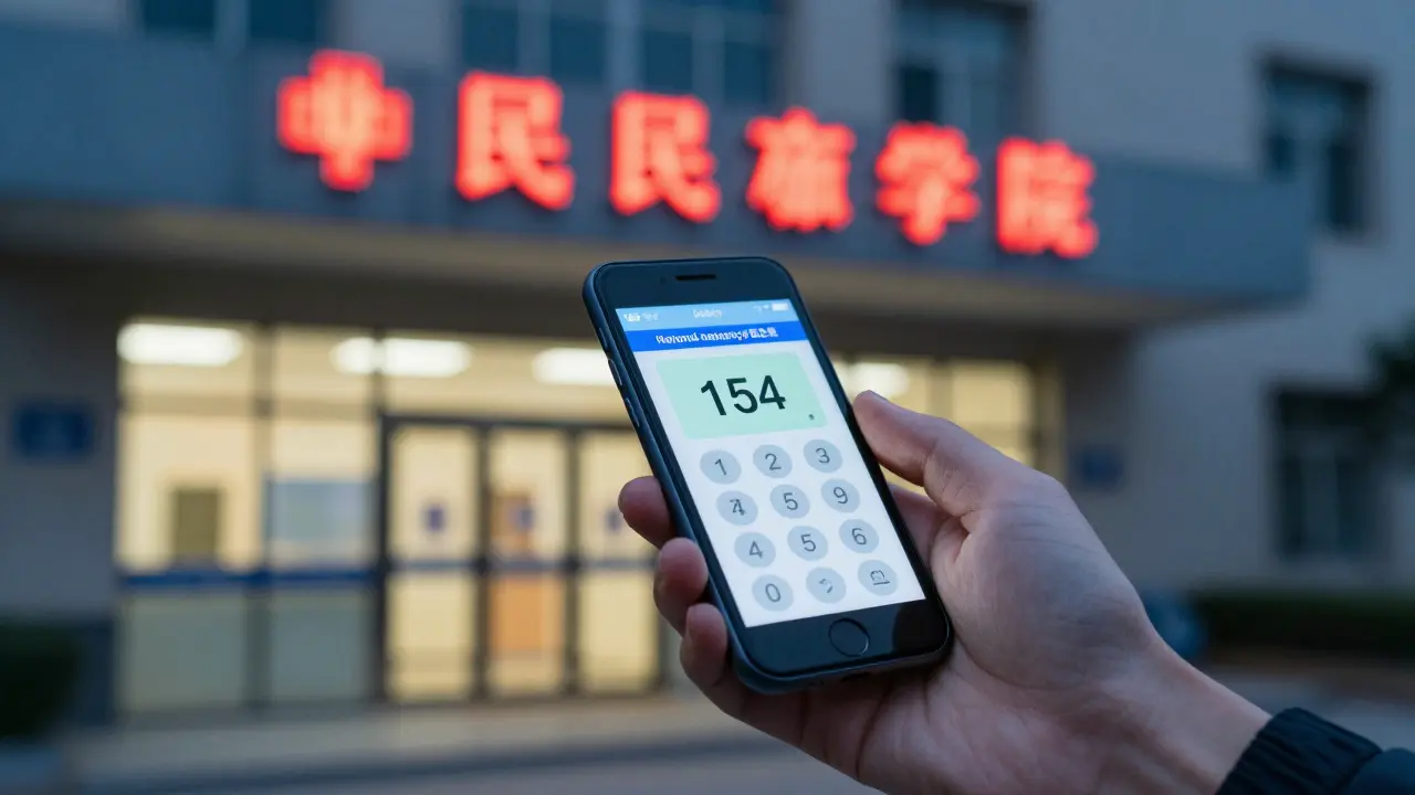 Ruka s mobilním telefonem, který volá číslo 154, za ním viditelný vstup do nemocnice.