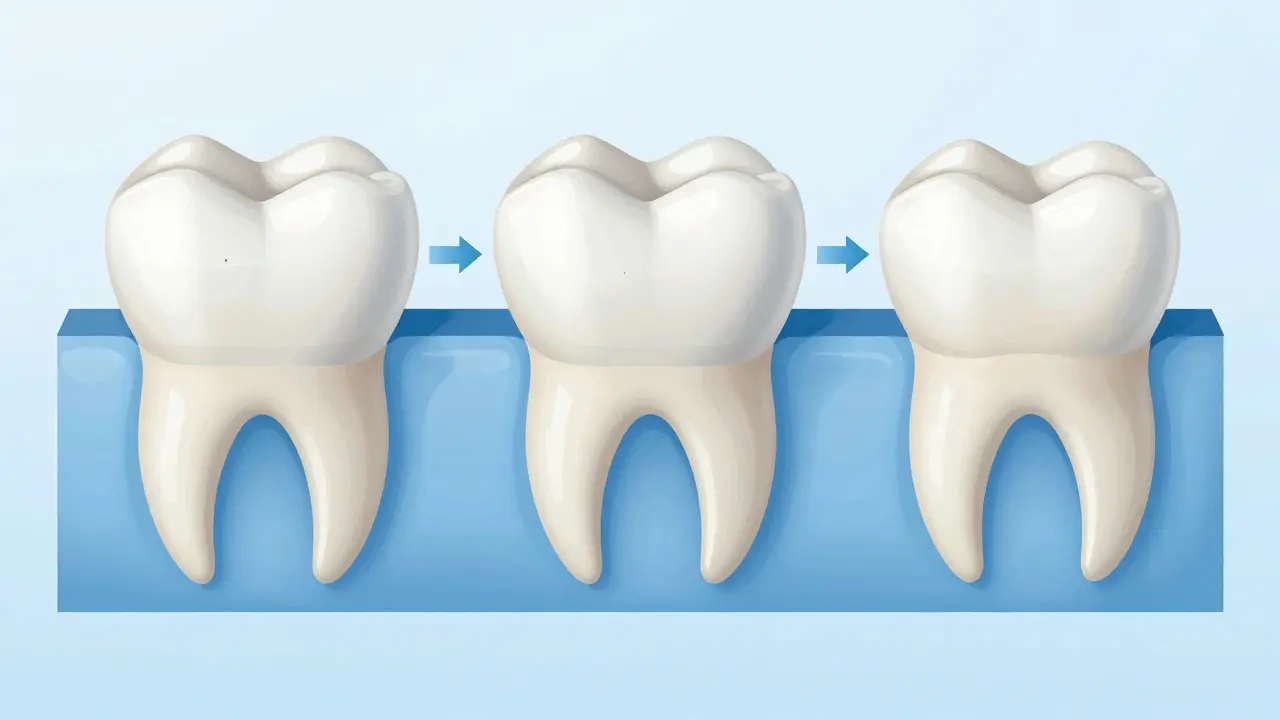 Schematický pohled na postup aplikace zubní fazety na zub