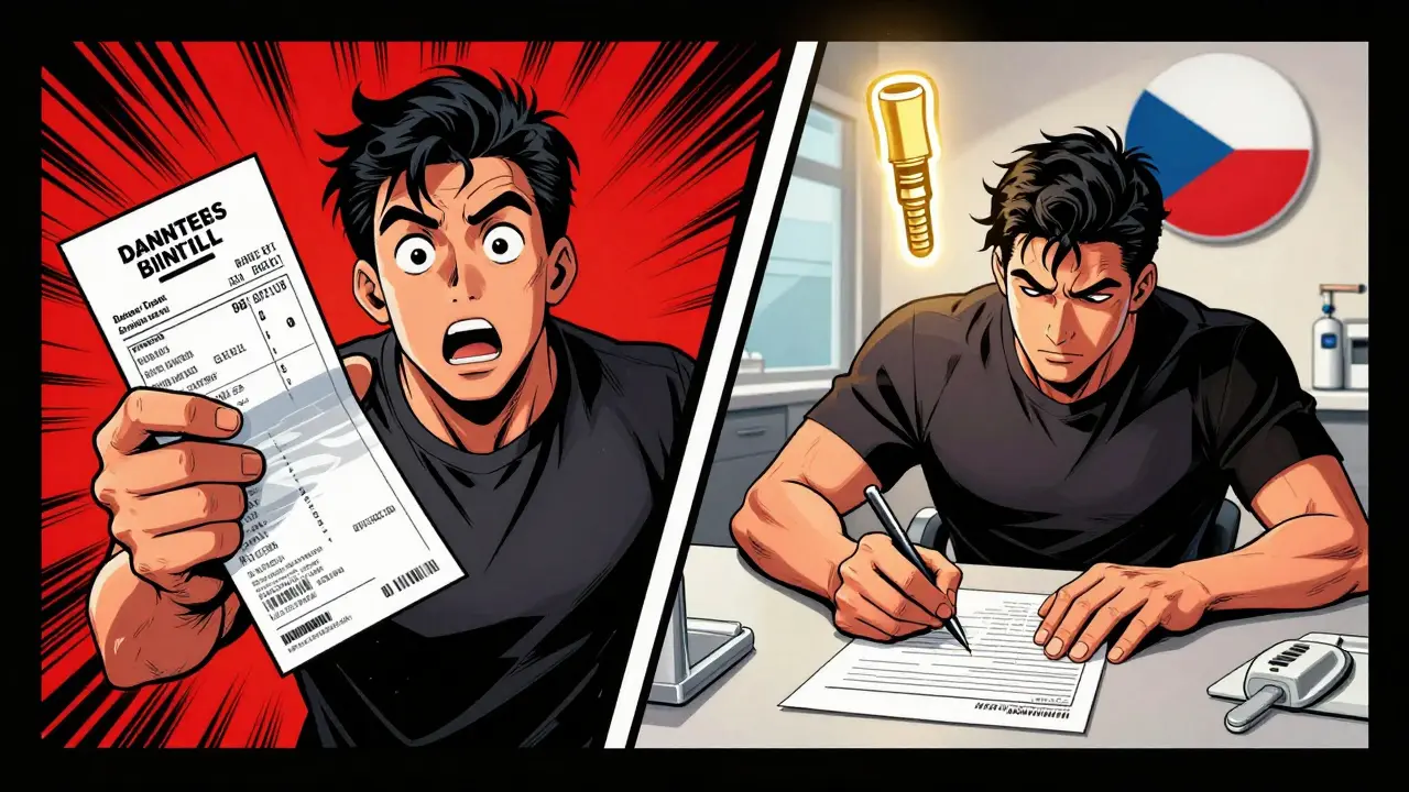 Split-panel comic showing shock over dental costs versus confidence in treatment.