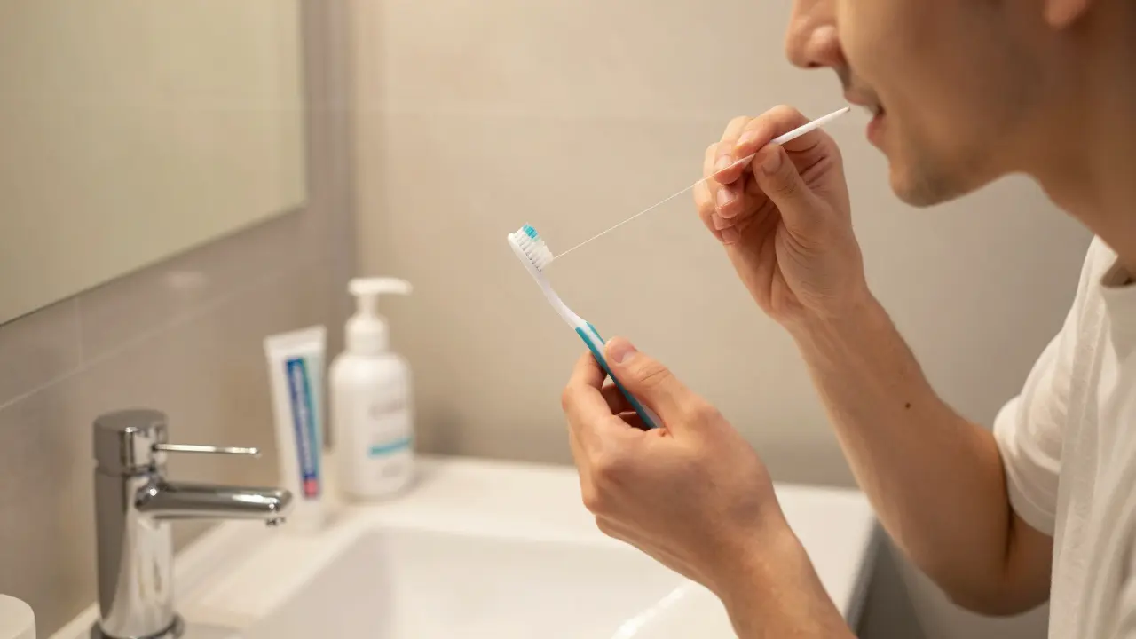 Správné čištění zubů nití mezi předními zuby