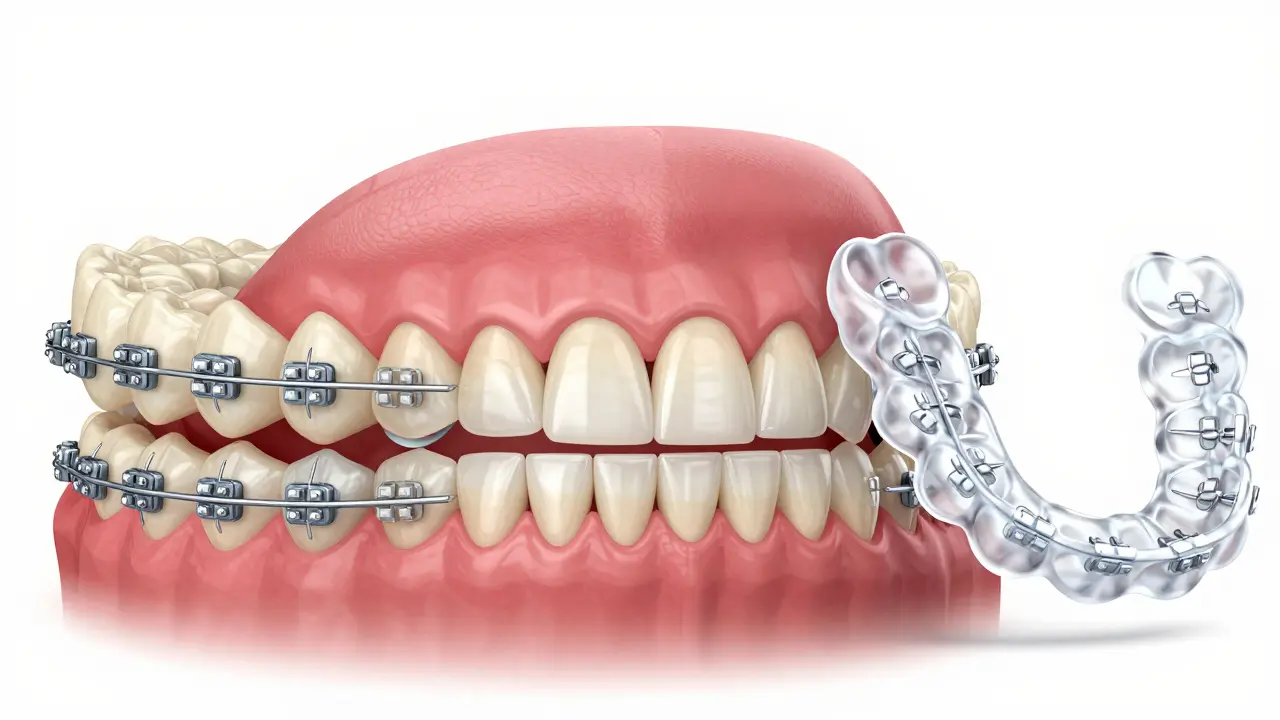 Srovnání tří typů rovnátek: kovových, keramických a transparentních.