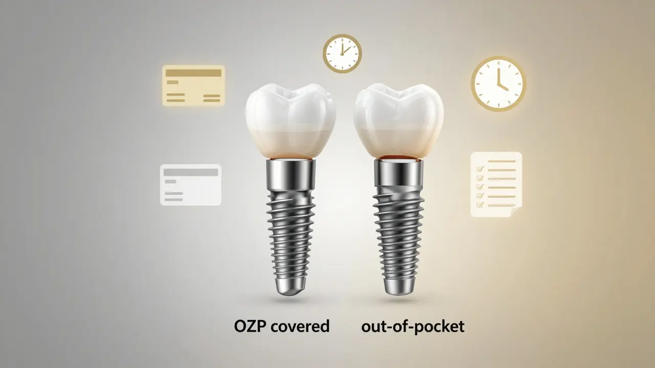 Transparent jawbone showing basic vs premium dental implant options side by side.