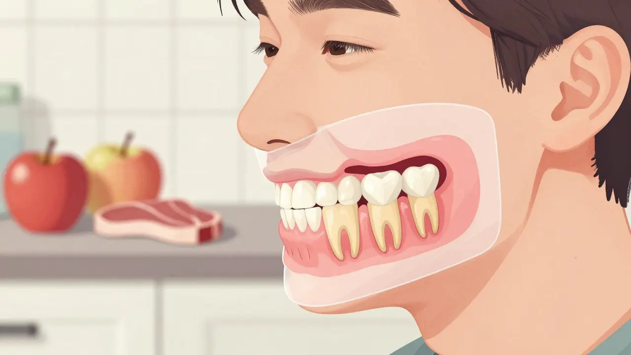 Transparent overlay of tooth types showing their functions in biting, tearing, crushing, and grinding food.