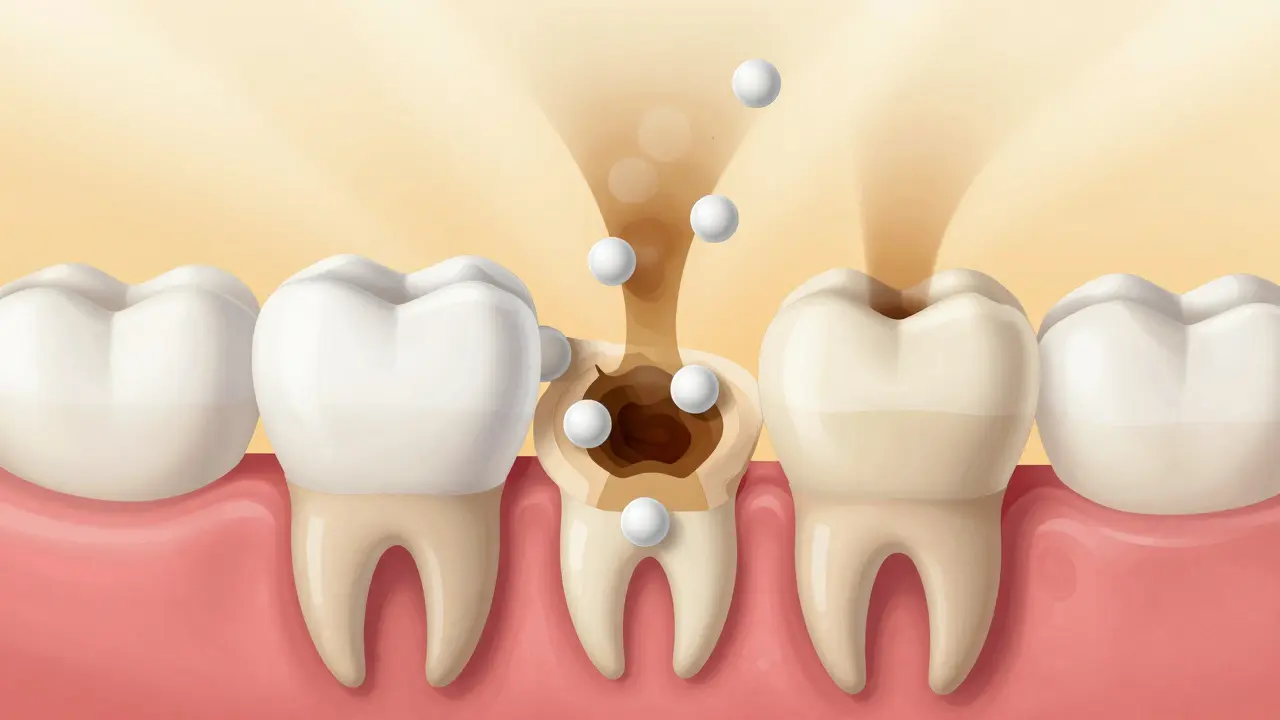 Vnitřní struktura zubu s molekulami peroxidu vodíku rozkládajícími zabarvení.