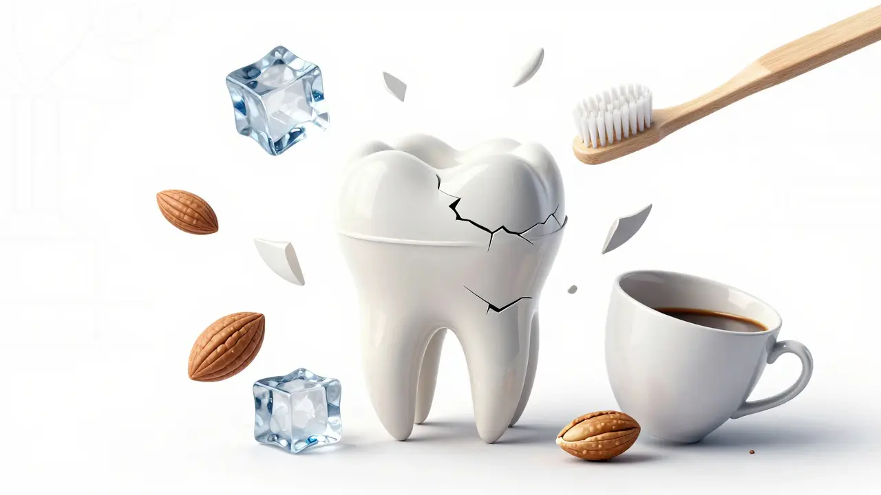 Vykreslení zubu s keramickou veneerou a symbolickými nebezpečnými předměty, které mohou poškodit povrch.