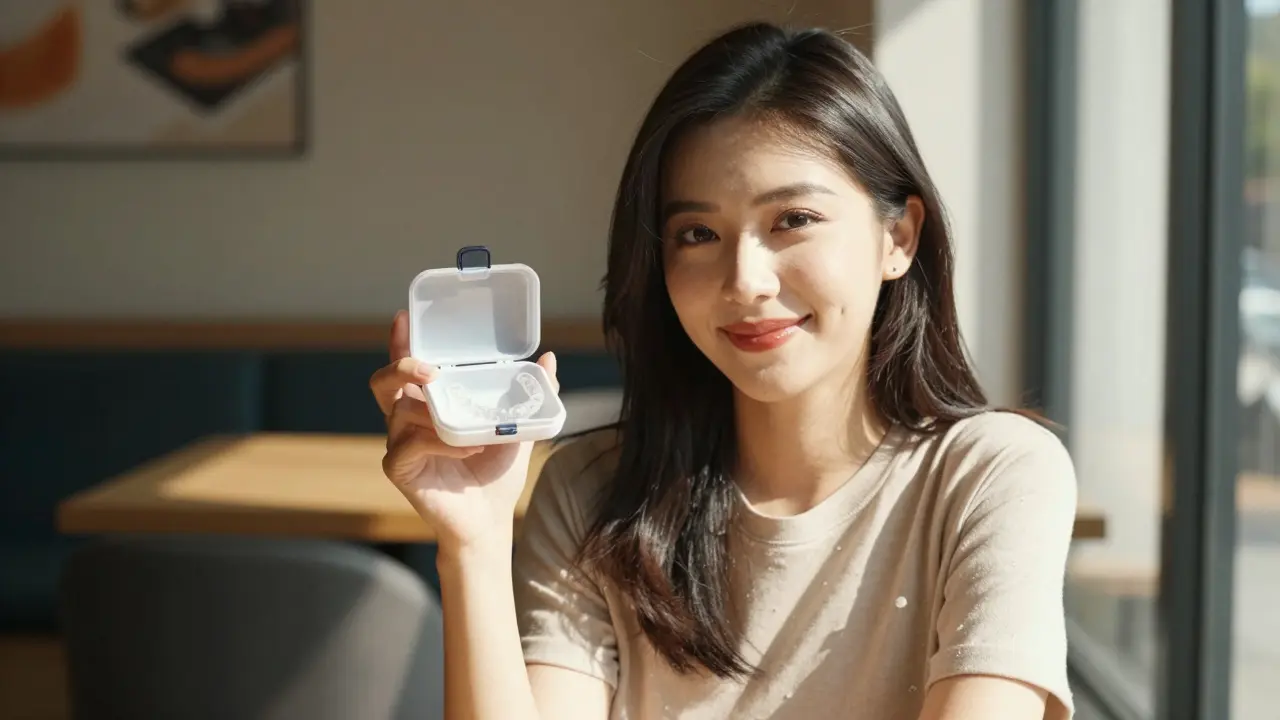 Žena drží etui na rovnátka v kavárně.