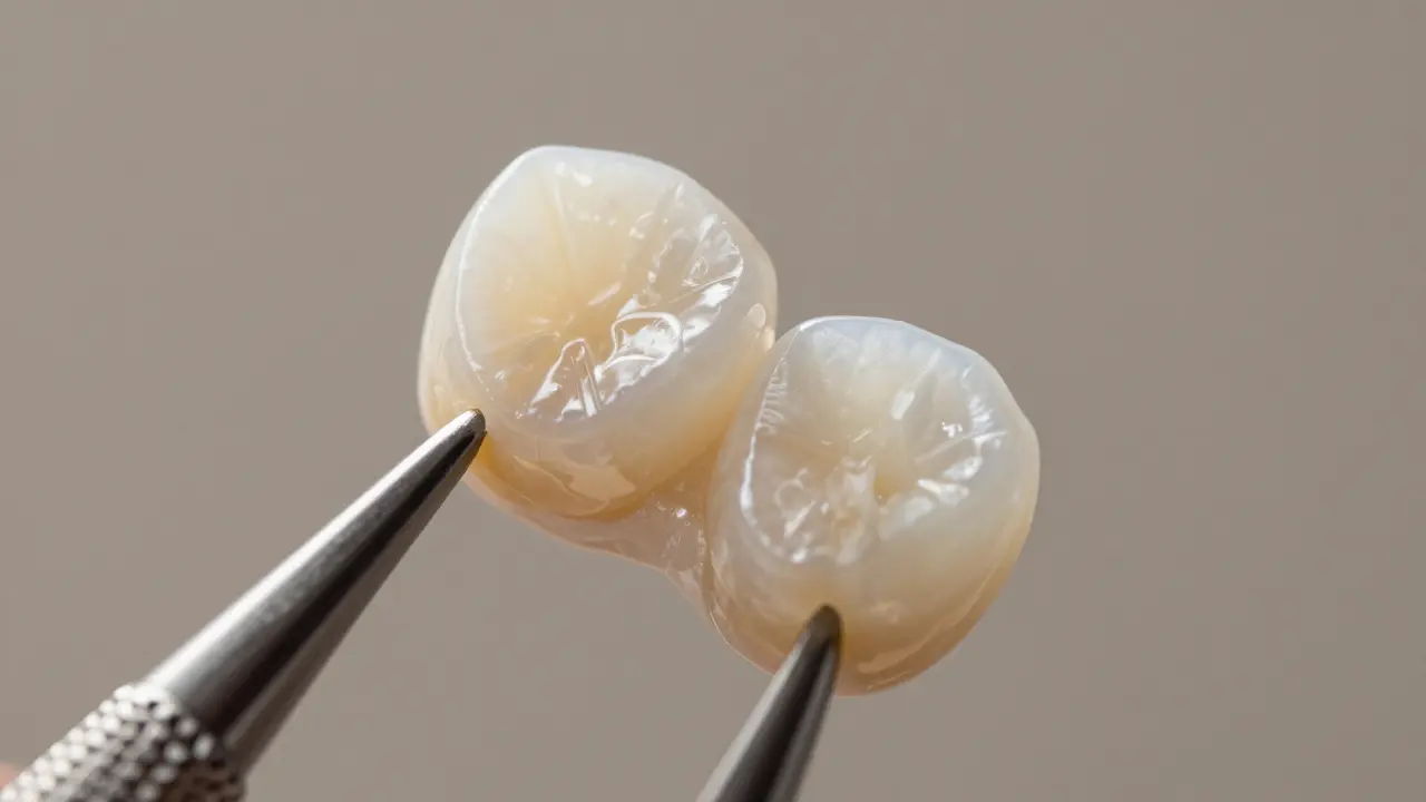Zubní fazeta z keramiky na klinickém nástroji