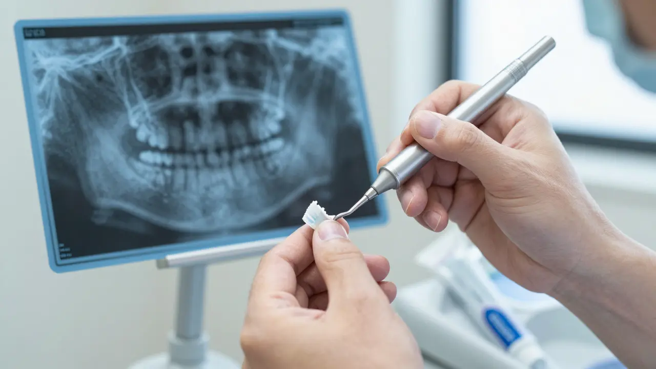 Zubní lékař vyšetřuje malý kaz na zubu, na pozadí je rentgenový snímek skrytého poškození.