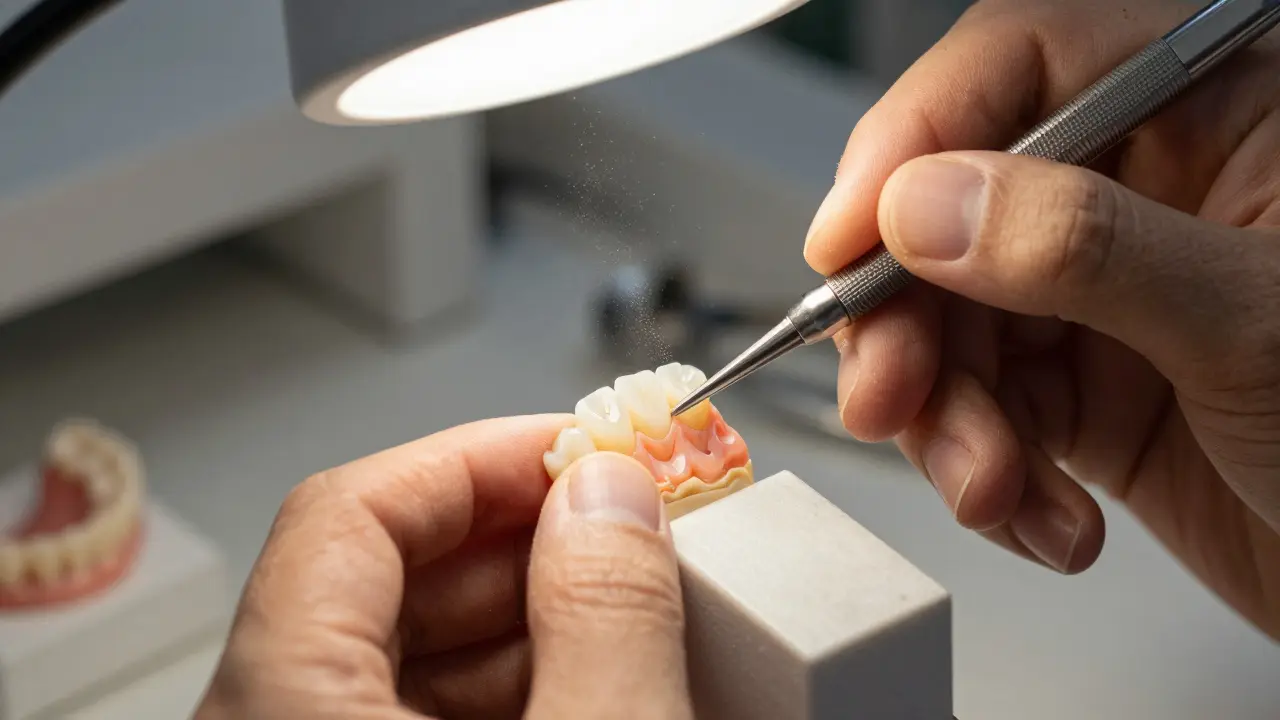 Zubní technik jemně upravuje povrch keramické placky v laboratoři.