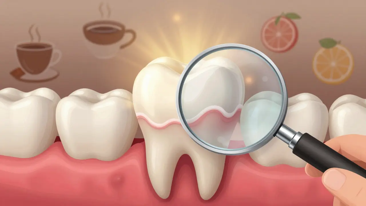 Zvětšený pohled na zubní skloňku, do které se vstřebává fluoridová vrstva.