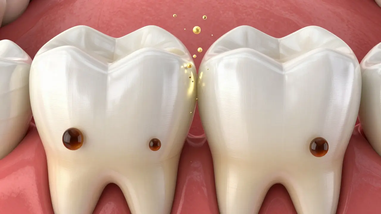3D ilustrace plaku a cukrů v mezeře mezi dvěma zuby.