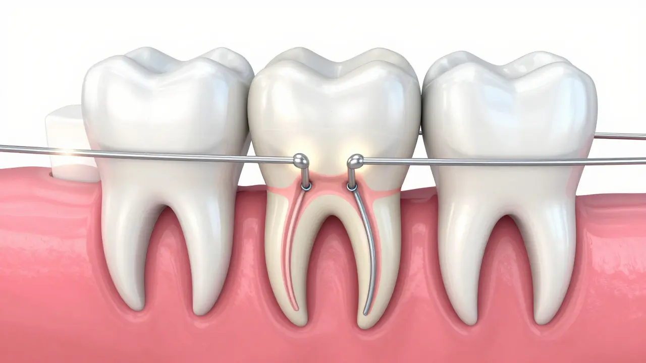 3D ilustrace pohybu zubu v čelisti pod tlakem ortodontického drátku.