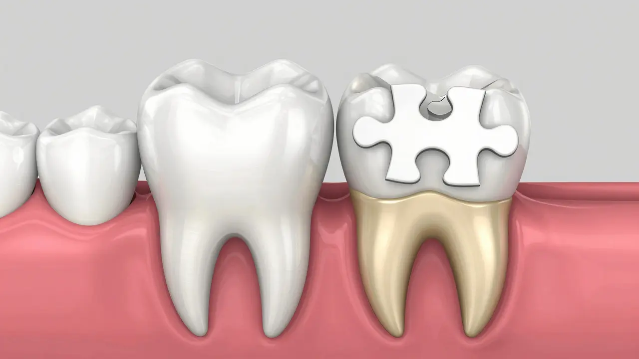 3D ilustrace srovnání klasické korunky a keramické vkládačky v zubu