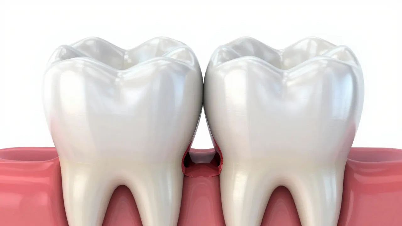 3D model znázornující skrytý mezizubní kaz mezi dvěma zuby.