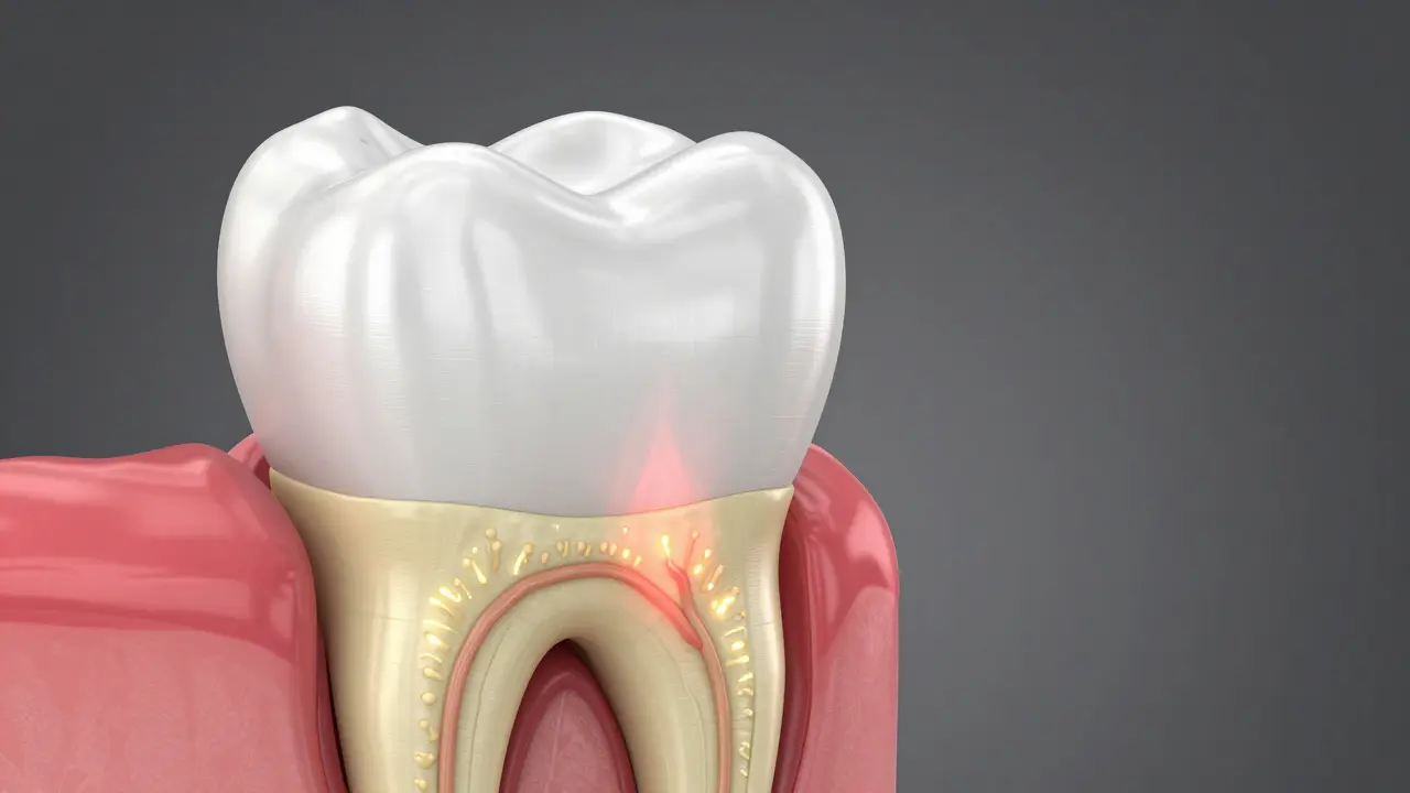 Anatomický řez zubu znázorňující vrstvu skloviny a citlivý dentin.