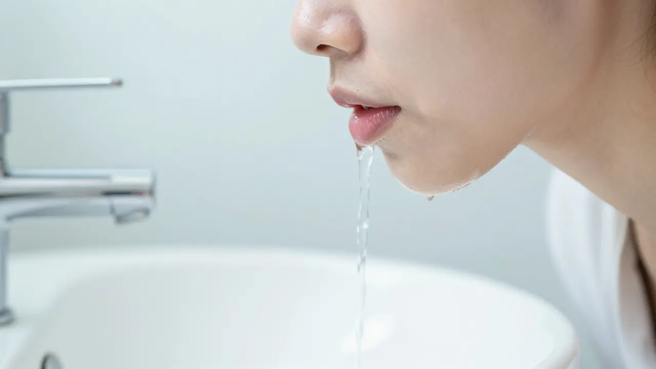 Detail osoby jemně nakloněné s hlavou, která nechá vyplachovací roztok vytect z úst.