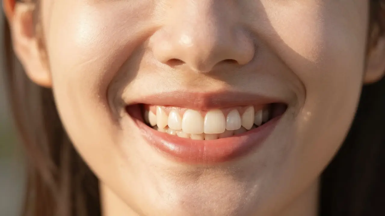 Detailní úsměv člověka s přirozeně vypadajícími bílými zuby