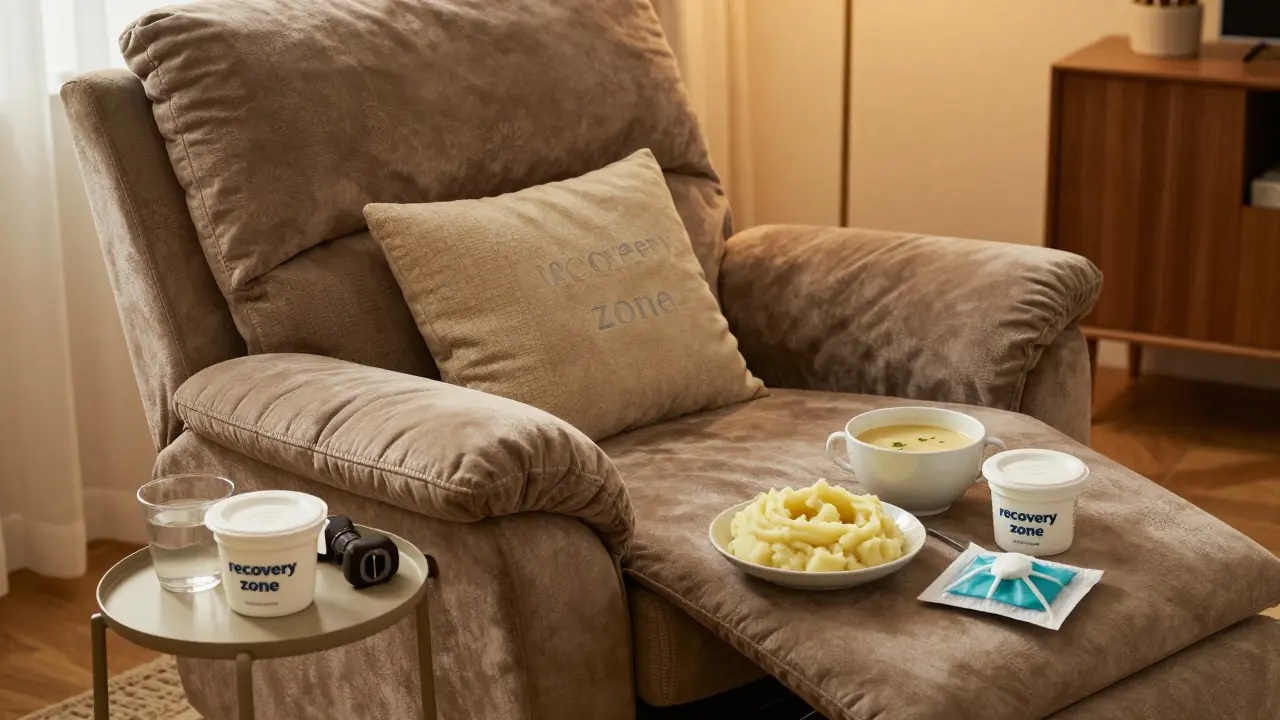 Domácí zóna pro odpočinek s připraveným měkkým jídlem a chladivým obkladem.