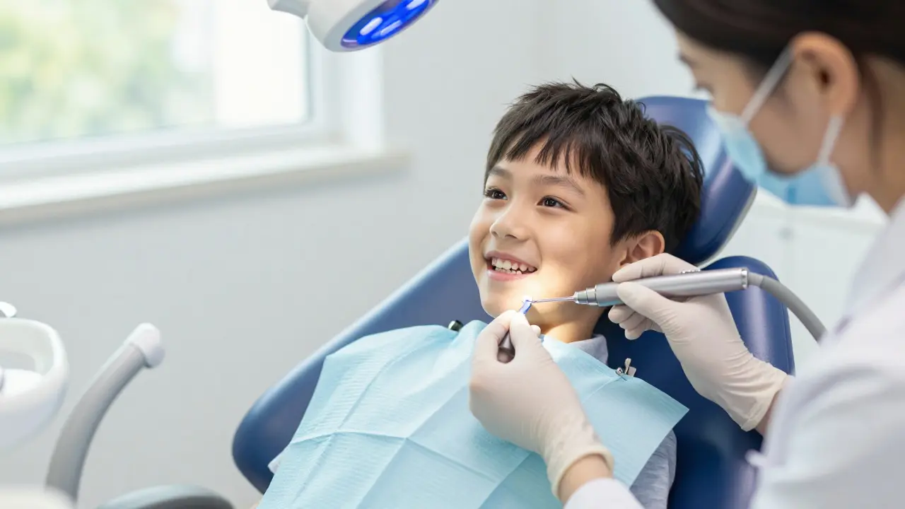 Klidný dětský pacient u zubaře během aplikace šetrné bílé plomby.
