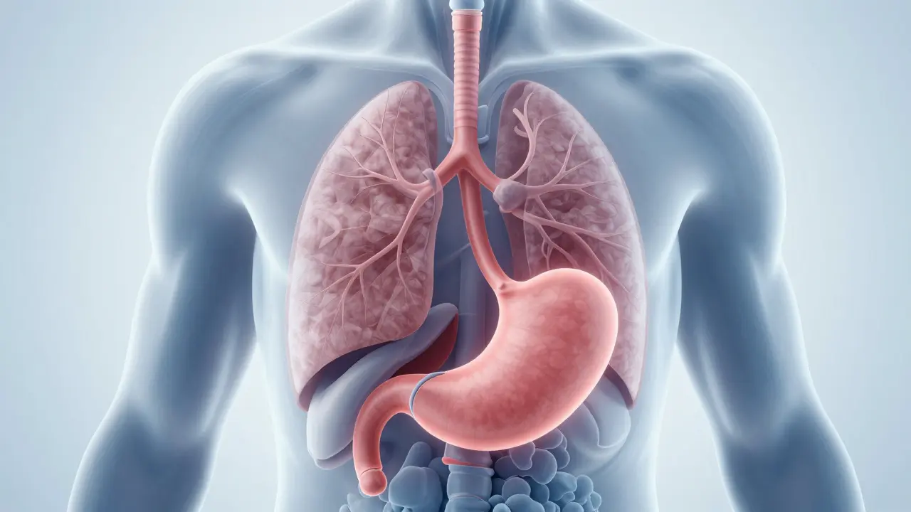 Konceptuální ilustrace anatomie psa znázorňující riziko aspirace z žaludku do plic.