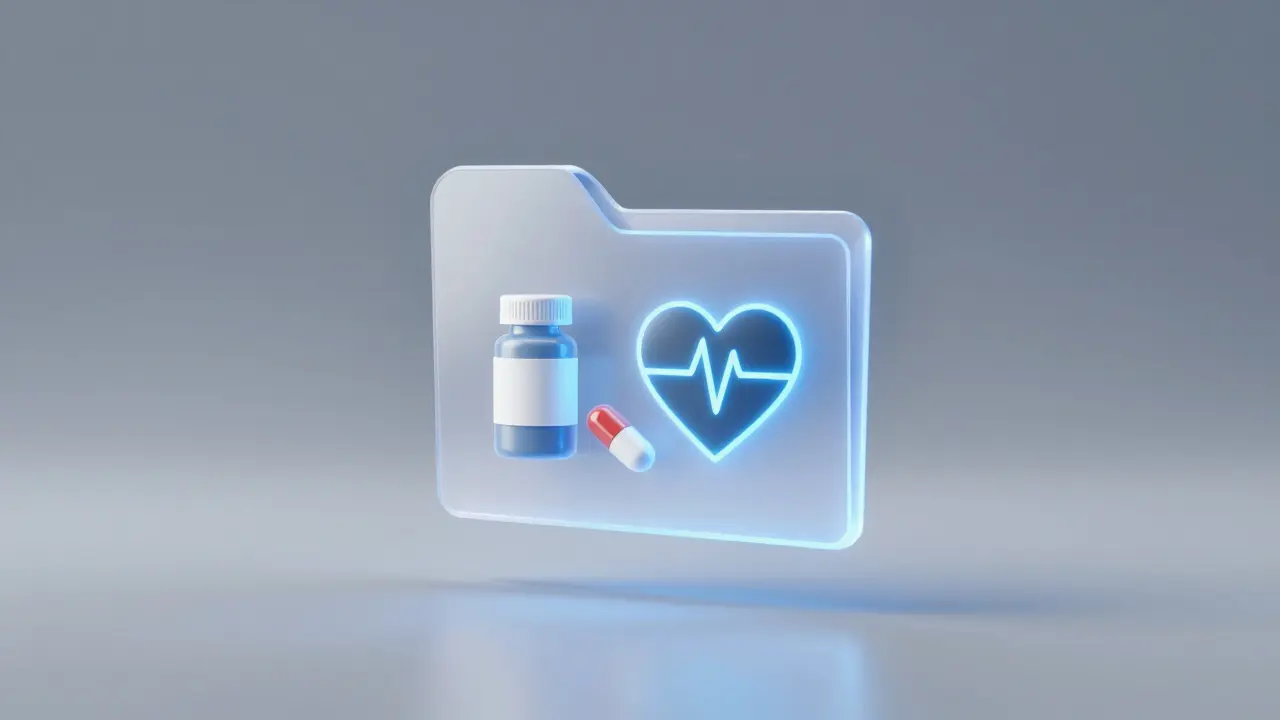 Konceptuální znázornění léků a zdravotní dokumentace pro bezpečný zákrok.