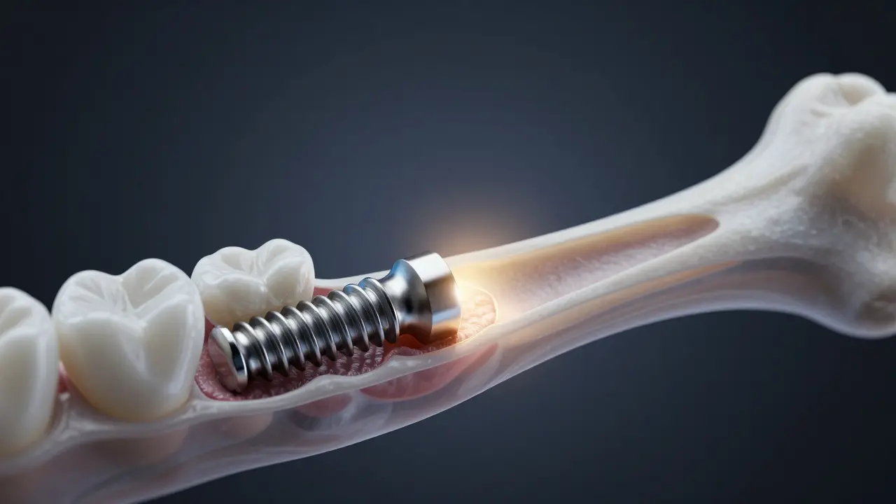 Konceptuální zobrazení titanového implantátu srostlého s čelistní kostí.