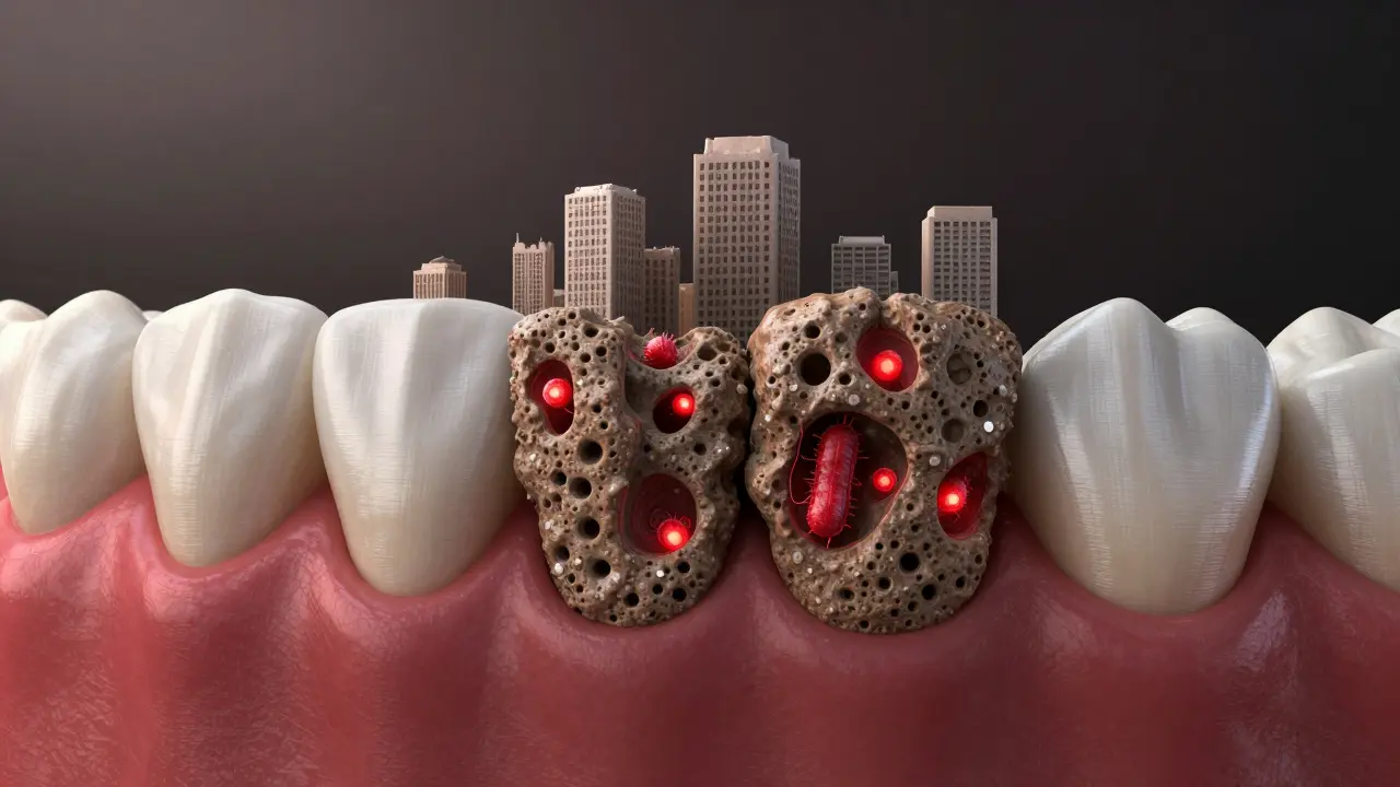 Konceptuální zobrazení zubního kamene jako ochranné zdi pro škodlivé bakterie.