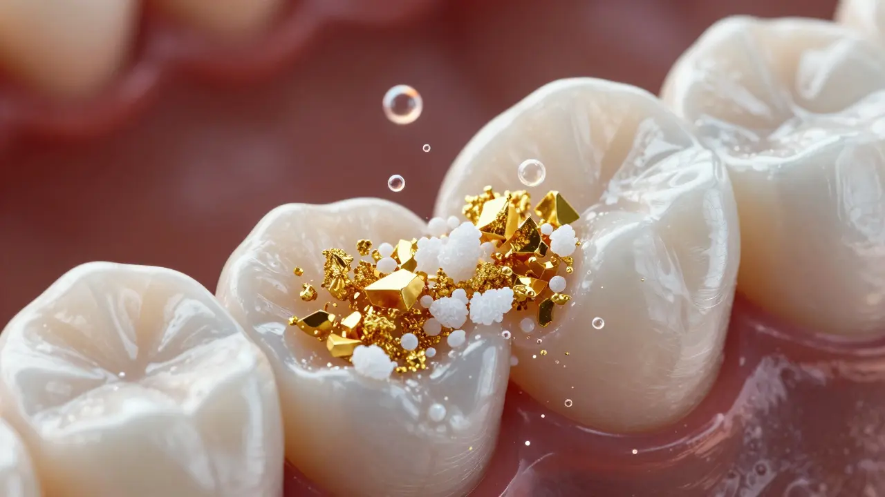 Makro detail chemické reakce cukrů a kyselin na zubní sklovine.