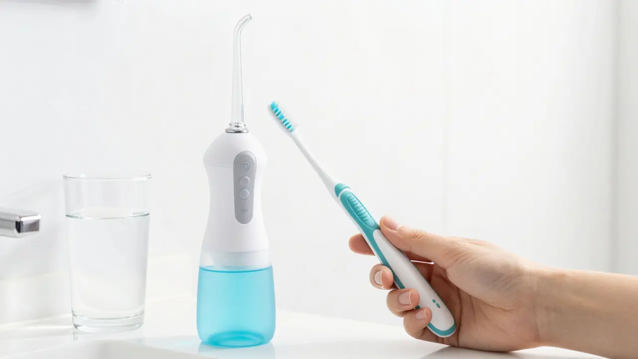 Mezizubní kartáček a irigátor na bílém mramoru v koupelně.