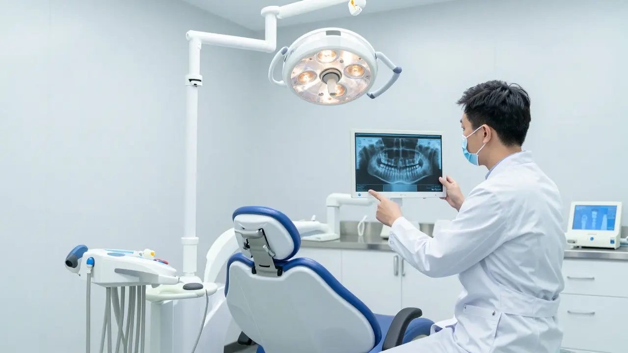 Moderní zubní pohotovost s rentgenem a lékařským vybavením.