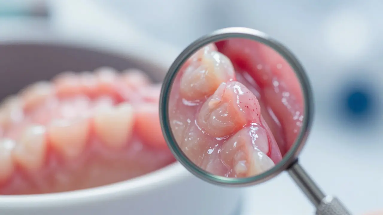 Odraz dásní v dentálním zrcátku znázornující kontrolu zdraví sliznice.