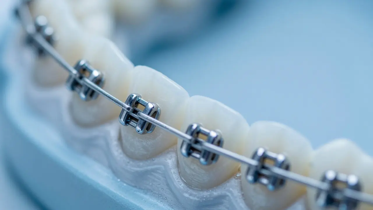 Ortodontické brackety na bílých zubech při léčbě diastémy