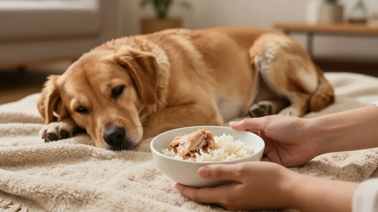 Pes po operaci dostává malou porci vařeného kuřete s rýží na dece.
