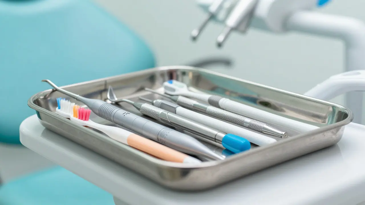 Profesionální nástroje pro dentální hygienu a mezizubní kartáčky na sterilním zásobníku.