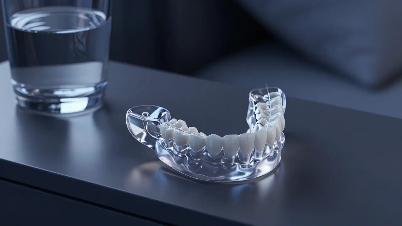 Průhledná ochranná noční šína na nočním stolku pro ochranu faset před skřípáním zubů.