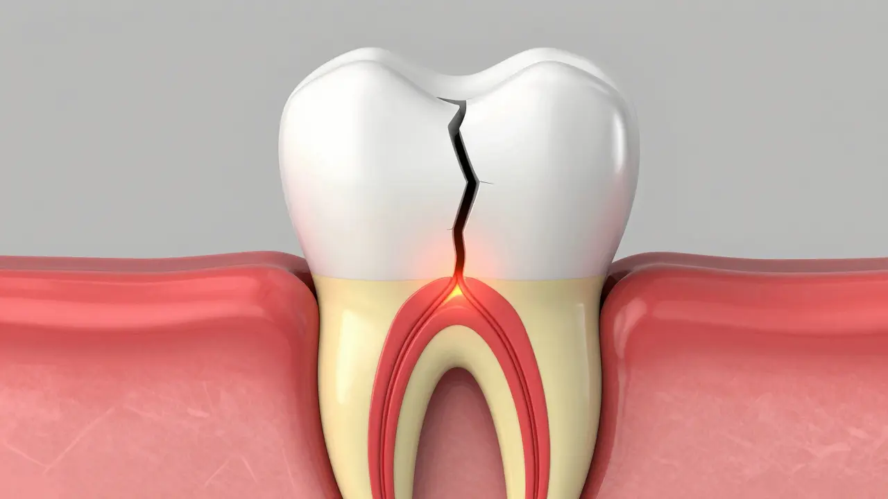Průřez zubu znázornující prasklinu pronikající sklovinu až do nervu.