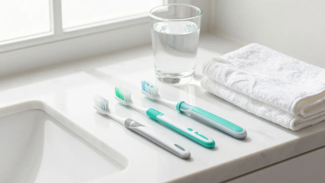 Sada mezizubních kartáčků a pomůcek pro hygienu umělých zubů.