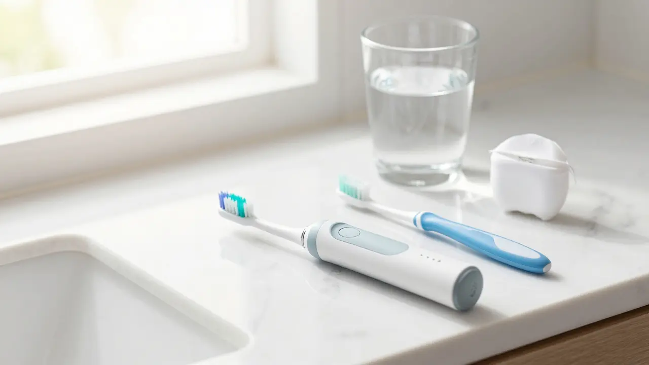 Sada moderních pomůcek pro dentální hygienu, včetně sonického kartáčku a nitě.