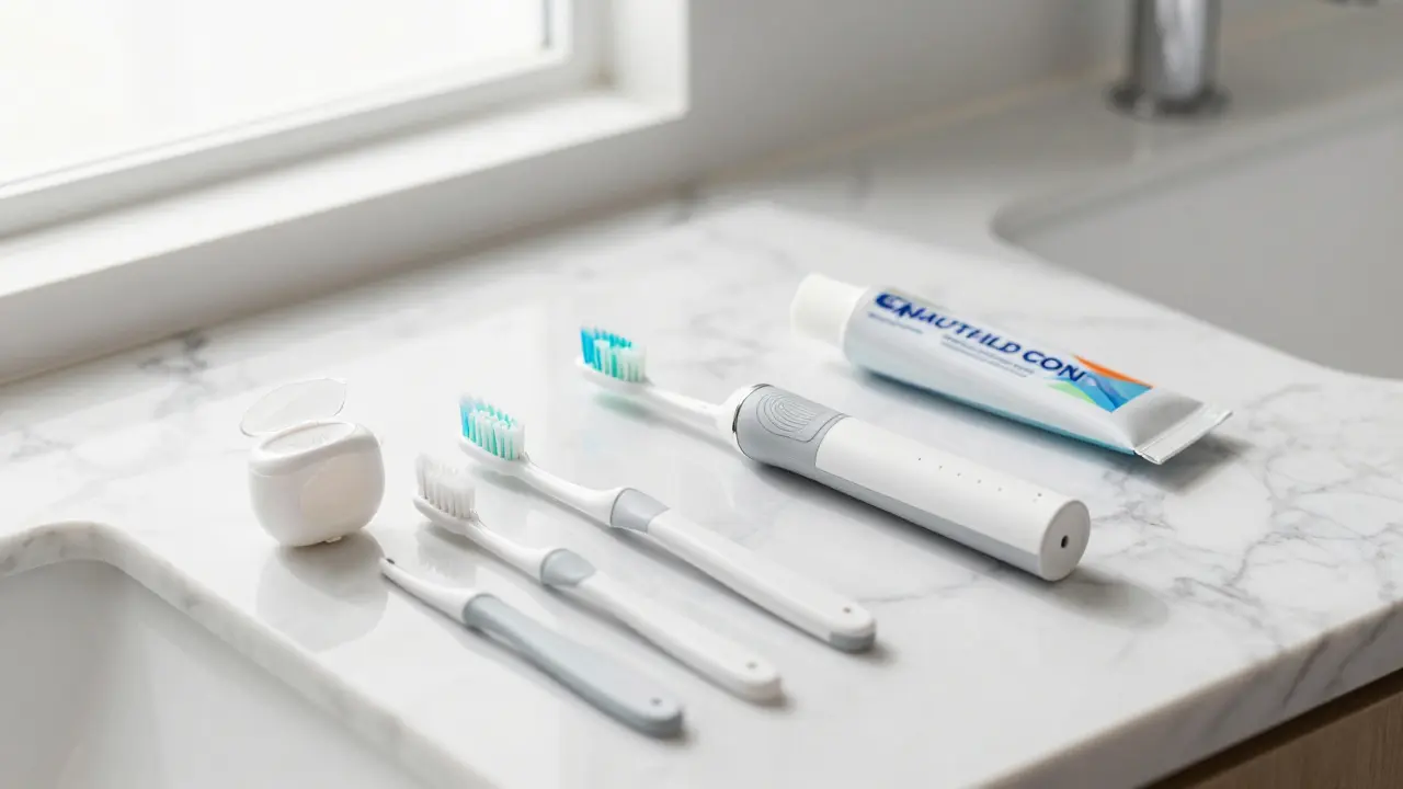 Sada pro dentální hygienu s elektrickým kartáčkem a nití na mramoru.