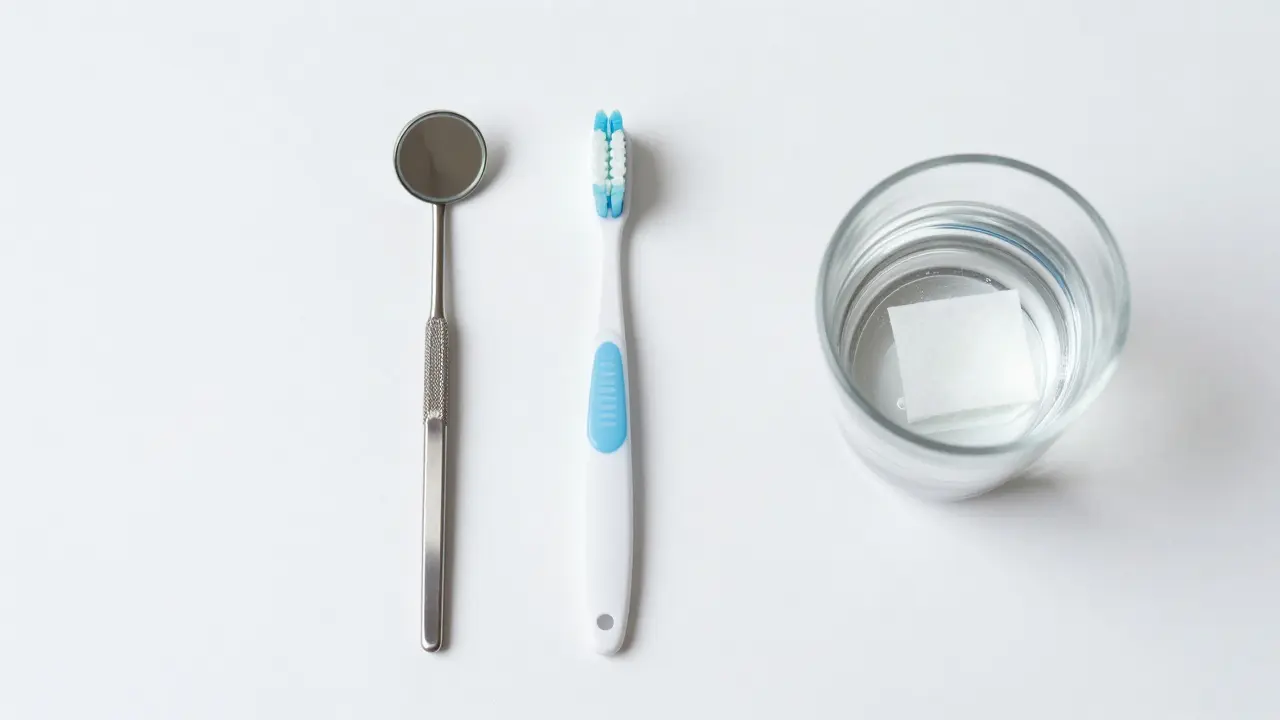 Sada pro domácí hygienu protéz včetně zrcátka a mezizubního kartáčku.