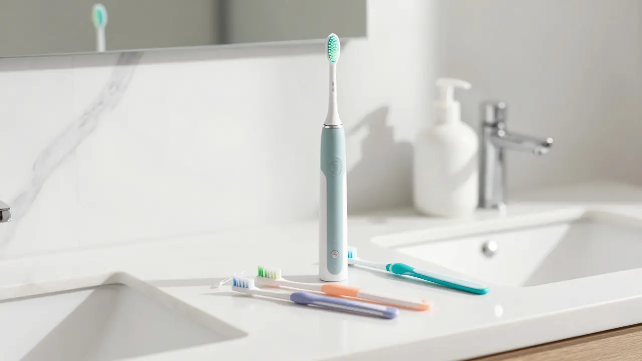 Sada pro domácí prevenci: elektrický sonický kartáček a mezizubní kartáčky na mramorovém povrchu.