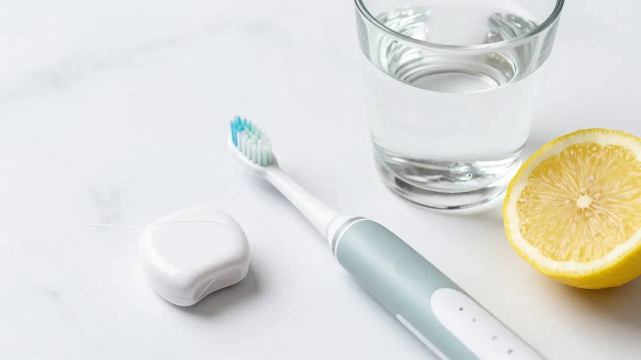 Sada pro hygienu zubů včetně elektrického kartáčku, nitě a sklenice vody.