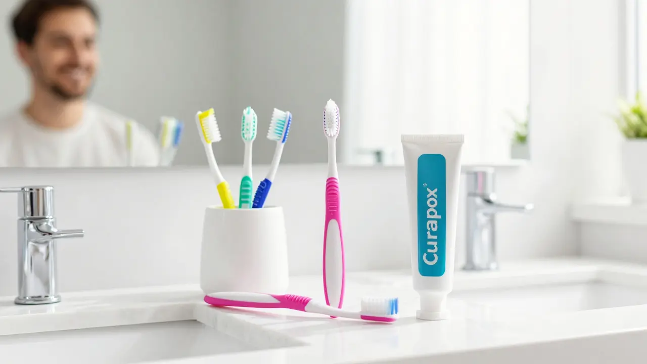 Sada pro kompletní hygienu úst včetně kartáčku a mezizubních pomůcek na mramorovém stole.