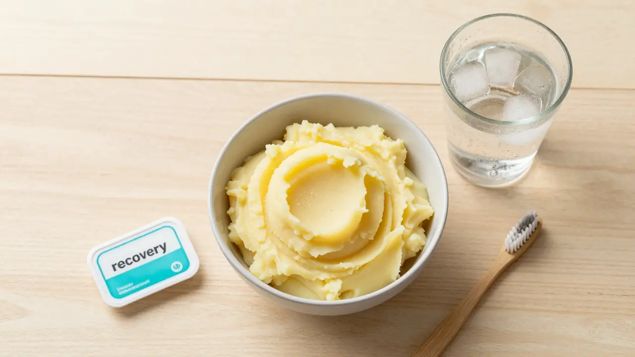 Sada pro úlevu od bolesti: měkké jídlo, studená voda a ortodontický vosk.